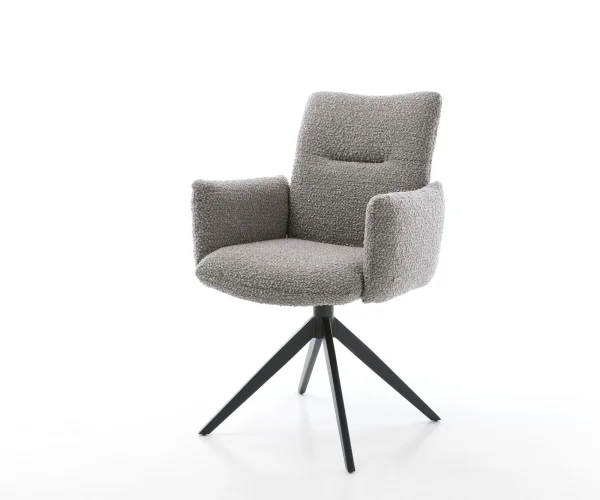 Chaise-pivotante Jova-Flex avec accoudoirs bouclé gris argenté pied croisé large noir pivotement sur 360° ressorts ensachés