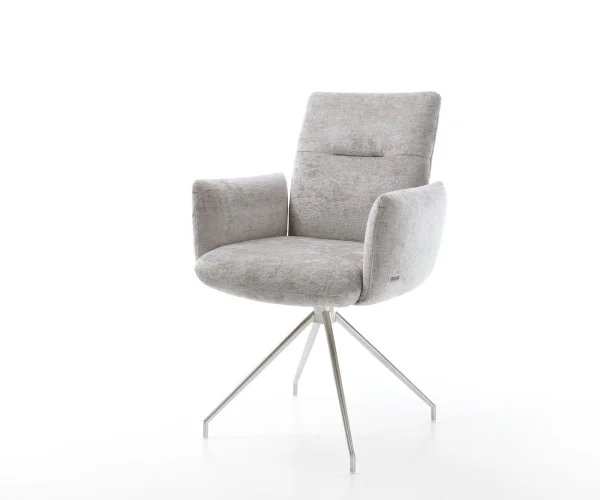 Chaise-pivotante Jova-Flex avec accoudoirs chenille gris argenté pied croisé conique acier inoxydable brossé pivotement sur 180° ressorts ensachés