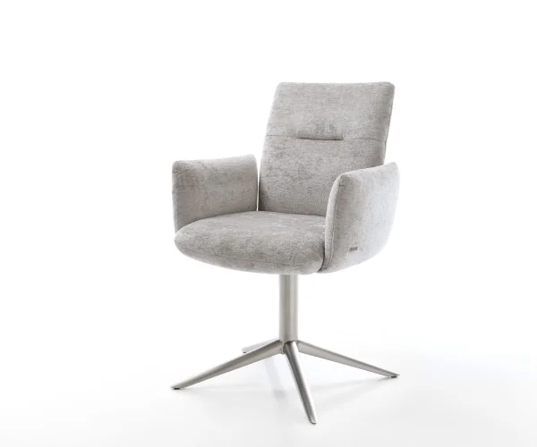 Chaise-pivotante Jova-Flex avec accoudoirs chenille gris argenté pied de chaise 4 branches acier inoxydable brossé pivotement sur 360° fonction bascule ressorts ensachés