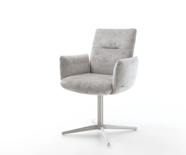 Chaise-pivotante Jova-Flex avec accoudoirs chenille gris argenté pied de chaise 4 branches acier inoxydable brossé pivotement sur 360° ressorts ensachés