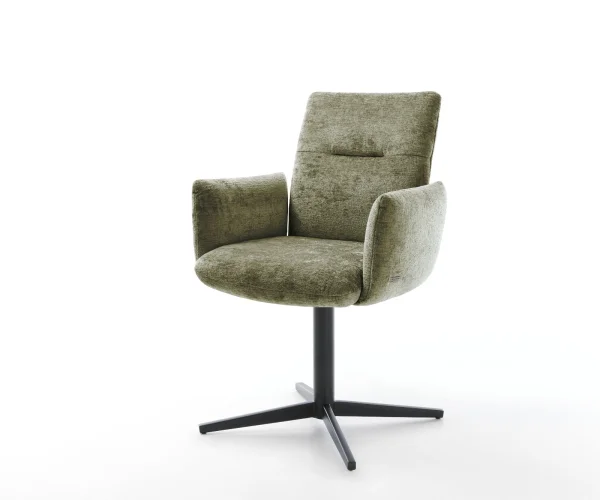 Chaise-pivotante Jova-Flex avec accoudoirs chenille olive pied de chaise 4 branches noir pivotement sur 360° ressorts ensachés