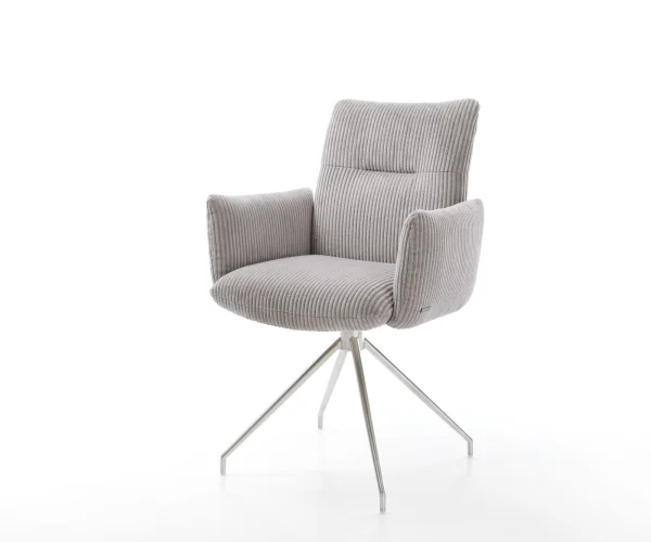 Chaise-pivotante Jova-Flex avec accoudoirs côtelé gris argenté pied croisé conique acier inoxydable brossé pivotement sur 180° ressorts ensachés