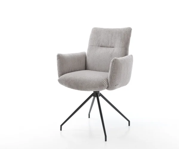 Chaise-pivotante Jova-Flex avec accoudoirs côtelé gris argenté pied croisé conique noir pivotement sur 180° ressorts ensachés