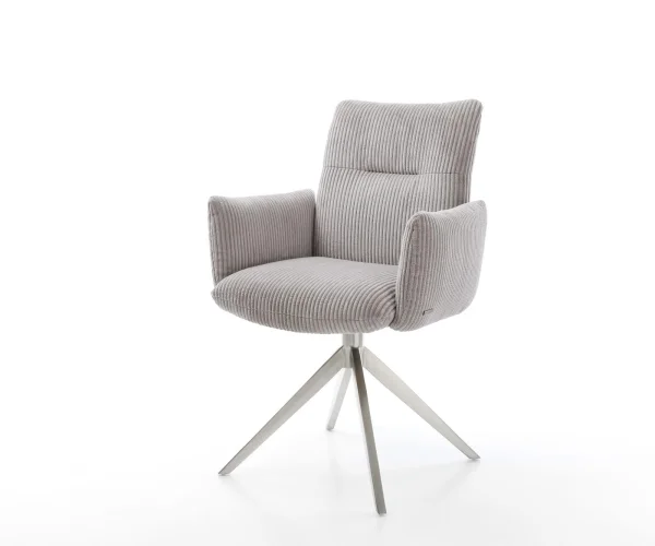Chaise-pivotante Jova-Flex avec accoudoirs côtelé gris argenté pied croisé large acier inoxydable brossé pivotement sur 360° fonction bascule ressorts ensachés