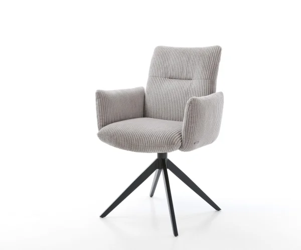 Chaise-pivotante Jova-Flex avec accoudoirs côtelé gris argenté pied croisé large noir pivotement sur 360° fonction bascule ressorts ensachés