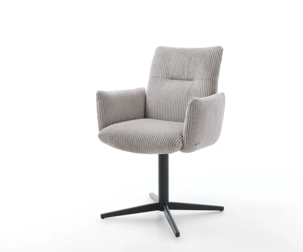 Chaise-pivotante Jova-Flex avec accoudoirs côtelé gris argenté pied de chaise 4 branches noir pivotement sur 360° ressorts ensachés