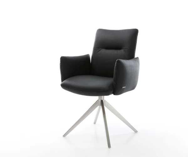 Chaise-pivotante Jova-Flex avec accoudoirs cuir de vache noir pied croisé large acier inoxydable brossé pivotement sur 360° fonction bascule ressorts ensachés