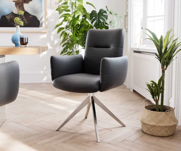 Chaise-pivotante Jova-Flex avec accoudoirs cuir de vache noir pied croisé large acier inoxydable brossé pivotement sur 360° ressorts ensachés
