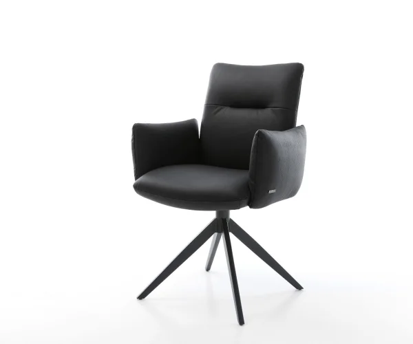 Chaise-pivotante Jova-Flex avec accoudoirs cuir de vache noir pied croisé large noir pivotement sur 360° fonction bascule ressorts ensachés