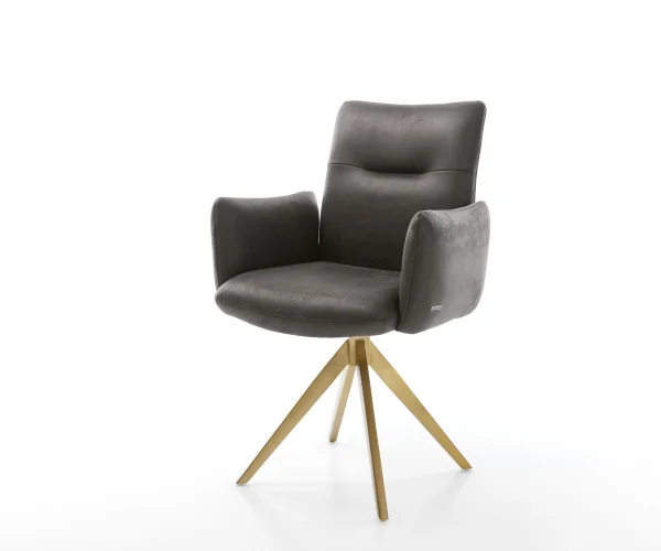 Chaise-pivotante Jova-Flex avec accoudoirs microvelours anthracite vintage pied croisé angulaire or pivotement sur 180° ressorts ensachés