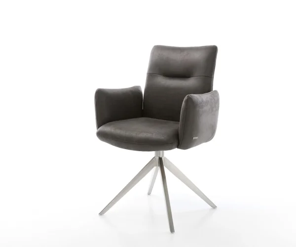 Chaise-pivotante Jova-Flex avec accoudoirs microvelours anthracite vintage pied croisé large acier inoxydable brossé pivotement sur 360° fonction bascule ressorts ensachés