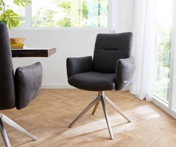 Chaise-pivotante Jova-Flex avec accoudoirs microvelours anthracite vintage pied croisé large acier inoxydable brossé pivotement sur 360° ressorts ensachés