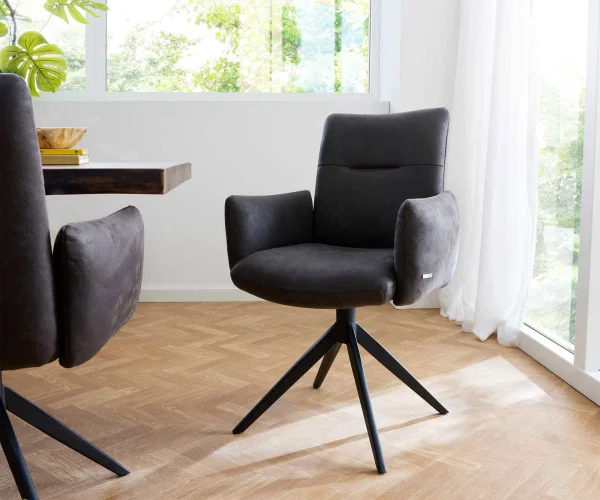Chaise-pivotante Jova-Flex avec accoudoirs microvelours anthracite vintage pied croisé large noir pivotement sur 360° ressorts ensachés