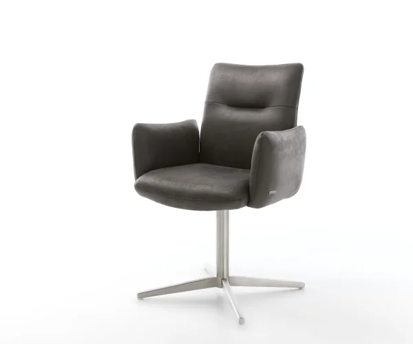 Chaise-pivotante Jova-Flex avec accoudoirs microvelours anthracite vintage pied de chaise 4 branches acier inoxydable brossé pivotement sur 360° ressorts ensachés