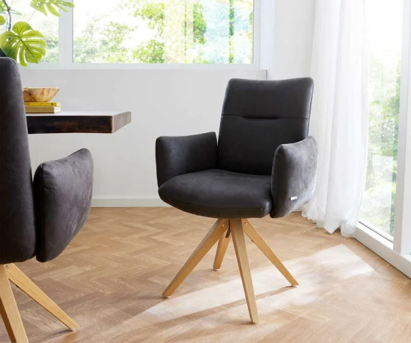 Chaise-pivotante Jova-Flex avec accoudoirs microvelours anthracite vintage pied en bois angulaire naturel pivotement sur 180° ressorts ensachés