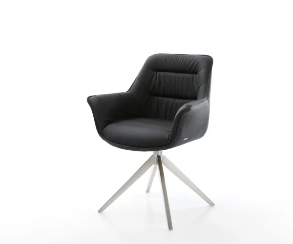 Chaise-pivotante Kaira-Flex cuir de vache noir pied croisé large acier inoxydable brossé pivotement sur 360° fonction bascule