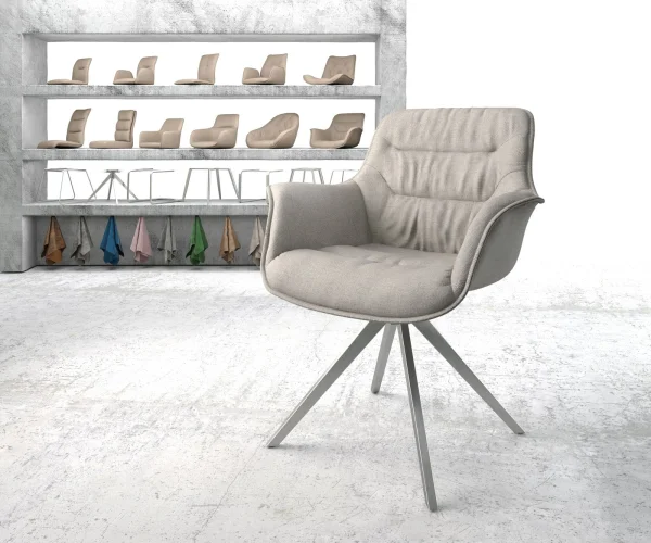 Chaise-pivotante Kaira-Flex rayures gris clair pied croisé angulaire acier inoxydable brossé pivotement sur 180°