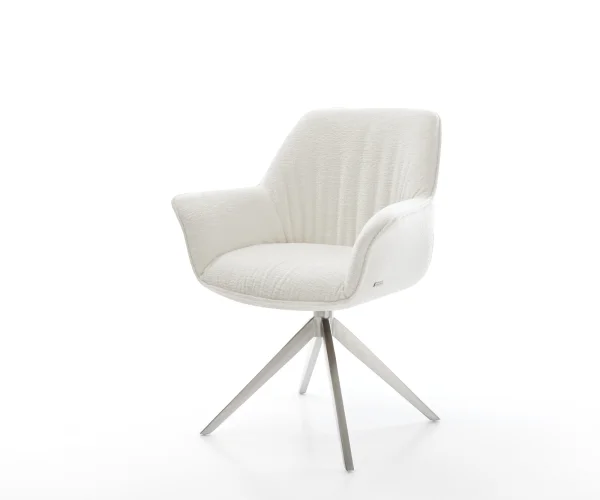 Chaise-pivotante Keila-Flex avec accoudoirs bouclé doux beige pied croisé large acier inoxydable pivotement sur 360° fonction bascule