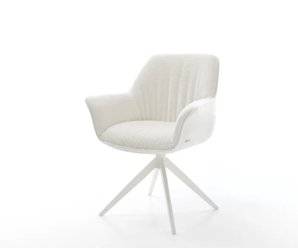 Chaise-pivotante Keila-Flex avec accoudoirs bouclé doux beige pied croisé large blanc pivotement sur 360° fonction bascule