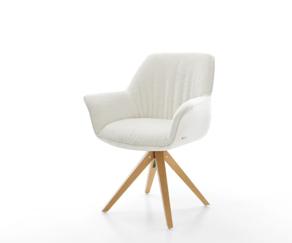 Chaise-pivotante Keila-Flex avec accoudoirs bouclé doux beige pied en bois angulaire naturel pivotement sur 180°