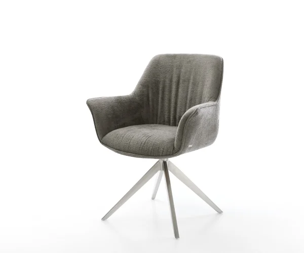 Chaise-pivotante Keila-Flex avec accoudoirs bouclé doux couleur boue pied croisé large acier inoxydable pivotement sur 360° fonction bascule