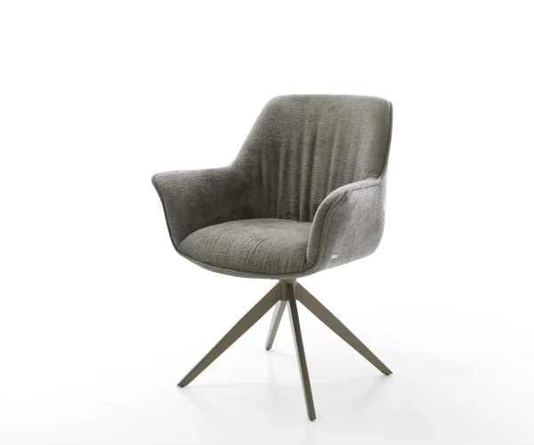 Chaise-pivotante Keila-Flex avec accoudoirs bouclé doux couleur boue pied croisé large aspect titane pivotement sur 360° fonction bascule