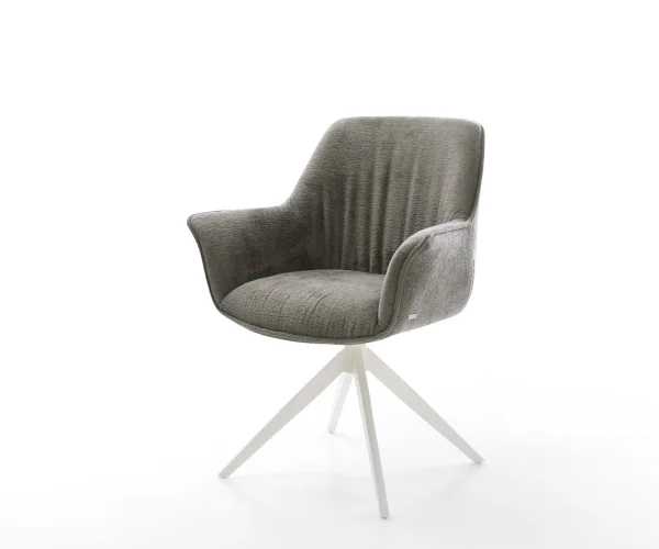 Chaise-pivotante Keila-Flex avec accoudoirs bouclé doux couleur boue pied croisé large blanc pivotement sur 360° fonction bascule