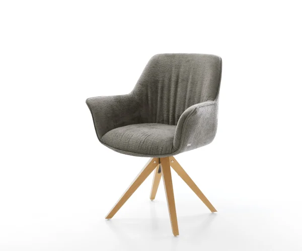 Chaise-pivotante Keila-Flex avec accoudoirs bouclé doux couleur boue pied en bois angulaire naturel pivotement sur 180°