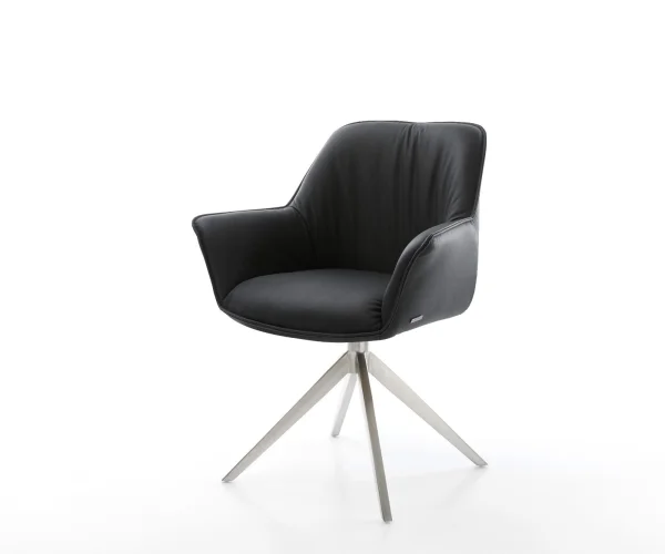 Chaise-pivotante Keila-Flex avec accoudoirs cuir de vache noir pied croisé large acier inoxydable brossé pivotement sur 360° fonction bascule