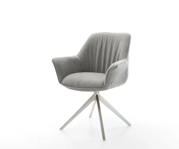Chaise-pivotante Keila-Flex avec accoudoirs tissu structuré doux gris pied croisé large acier inoxydable pivotement sur 360° fonction bascule