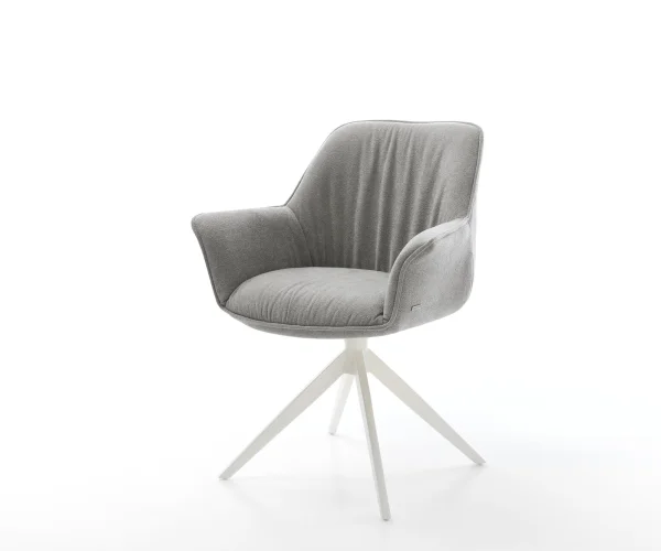 Chaise-pivotante Keila-Flex avec accoudoirs tissu structuré doux gris pied croisé large blanc pivotement sur 360° fonction bascule