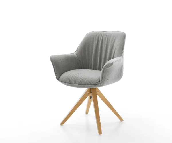 Chaise-pivotante Keila-Flex avec accoudoirs tissu structuré doux gris pied en bois angulaire naturel pivotement sur 180°