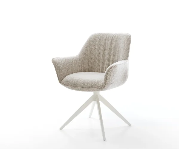 Chaise-pivotante Keila-Flex avec accoudoirs tissu tissé doux beige pied croisé large blanc pivotement sur 360° fonction bascule