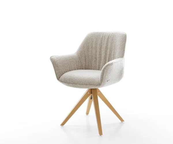 Chaise-pivotante Keila-Flex avec accoudoirs tissu tissé doux beige pied en bois angulaire naturel pivotement sur 180°