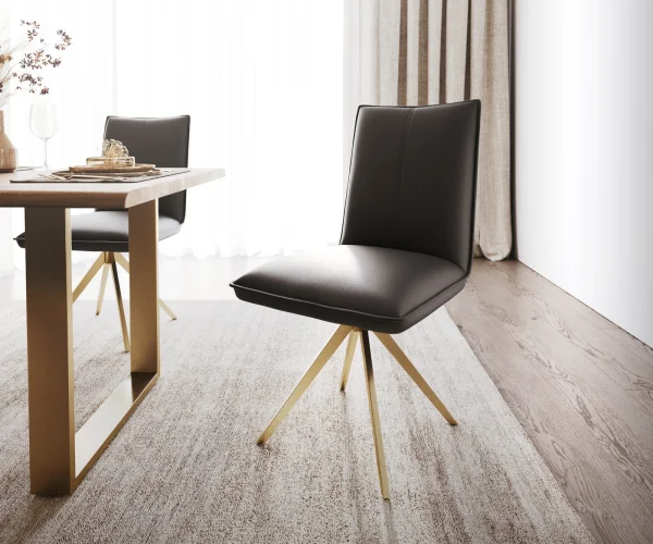 Chaise-pivotante Lelio-Flex Cuir véritable noir Piétement croisé anguleux doré Pivotant à 180° Ressorts ensachés
