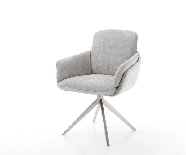 Chaise-pivotante Luan-Flex avec accoudoirs chenille gris argenté pied croisé large acier inoxydable brossé pivotement sur 360° fonction bascule