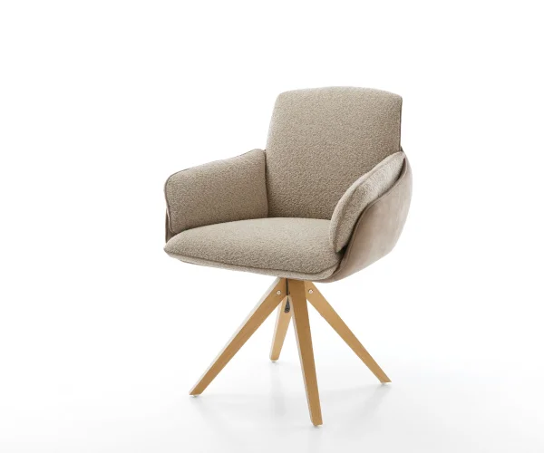 Chaise-pivotante Luan-Flex avec accoudoirs tissu mixte couleur boue pied en bois angulaire naturel pivotement sur 180°