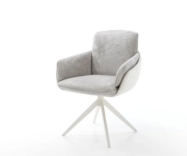 Chaise-pivotante Luan-Flex avec accoudoirs tissu mixte cuir de vache blanc-gris argenté pied croisé large blanc pivotement sur 360° fonction bascule