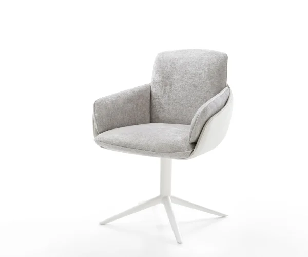 Chaise-pivotante Luan-Flex avec accoudoirs tissu mixte cuir de vache blanc-gris argenté pied de chaise 4 branches blanc pivotement sur 360° fonction bascule