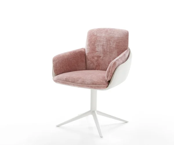 Chaise-pivotante Luan-Flex avec accoudoirs tissu mixte cuir de vache blanc-rose pied de chaise 4 branches blanc pivotement sur 360° fonction bascule