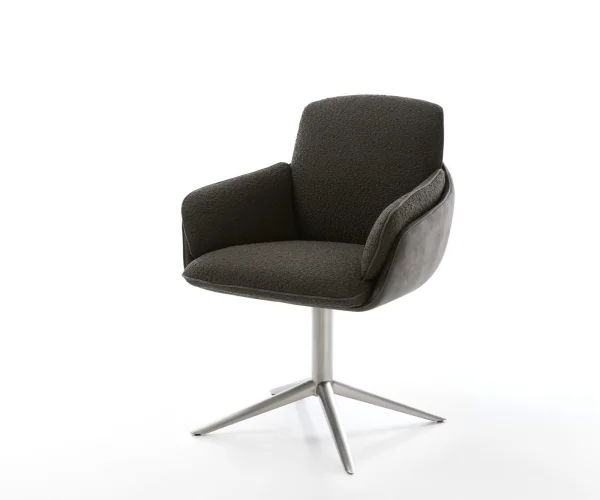Chaise-pivotante Luan-Flex avec accoudoirs tissu mixte noir pied de chaise 4 branches acier inoxydable brossé pivotement sur 360° fonction bascule