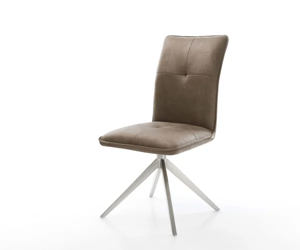 Chaise-pivotante Maddy-Flex microvelours taupe vintage pied croisé large acier inoxydable brossé pivotement sur 360° fonction bascule