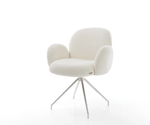 Chaise-pivotante Nube-Flex avec accoudoirs bouclé blanc pied croisé conique acier inoxydable ressorts ensachés pivote sur 180°