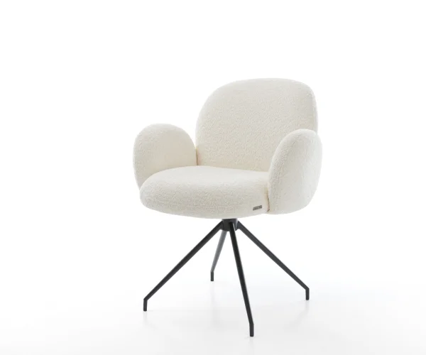 Chaise-pivotante Nube-Flex avec accoudoirs bouclé blanc pied croisé conique noir ressorts ensachés pivote sur 180°