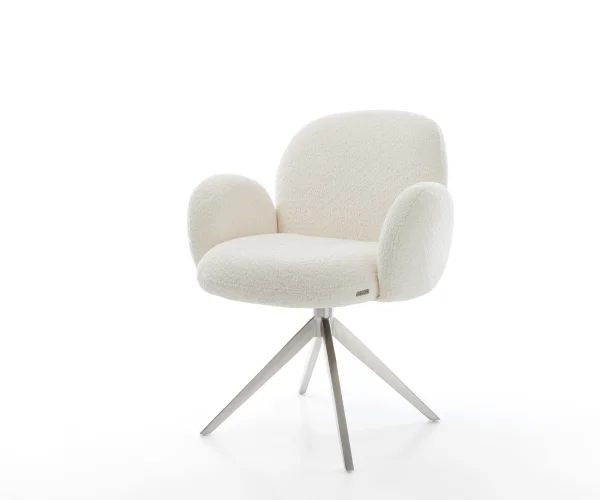 Chaise-pivotante Nube-Flex avec accoudoirs bouclé blanc pied croisé large acier inoxydable brossé pivotement sur 360° fonction bascule ressorts ensachés