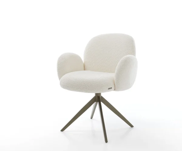 Chaise-pivotante Nube-Flex avec accoudoirs bouclé blanc pied croisé large aspect titane ressorts ensachés pivote sur 360°