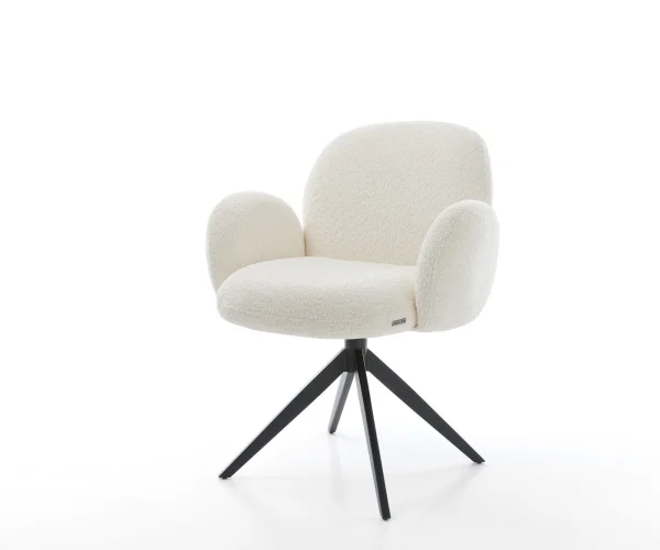 Chaise-pivotante Nube-Flex avec accoudoirs bouclé blanc pied croisé large noir pivotement sur 360° fonction bascule ressorts ensachés