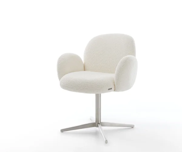 Chaise-pivotante Nube-Flex avec accoudoirs bouclé blanc pied de chaise 4 branches acier inoxydable brossé pivotement sur 360° ressorts ensachés