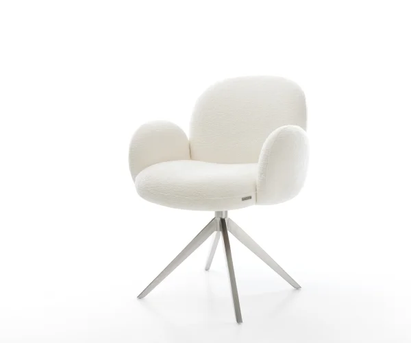 Chaise-pivotante Nube-Flex avec accoudoirs bouclé doux beige pied croisé large acier inoxydable pivotement sur 360° fonction bascule resorts ensachés