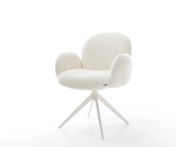 Chaise-pivotante Nube-Flex avec accoudoirs bouclé doux beige pied croisé large blanc pivotement sur 360° fonction bascule resorts ensachés